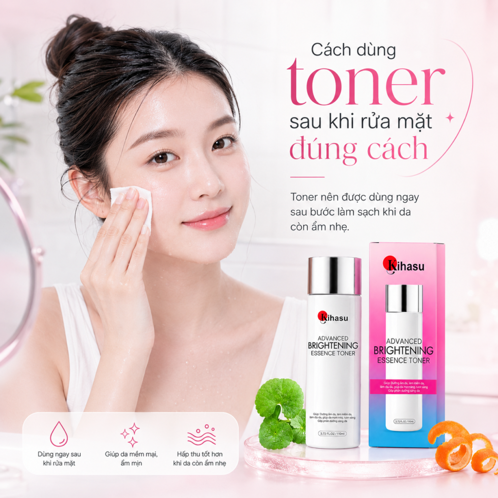 Toner nên được dùng ngay sau bước làm sạch khi da còn ẩm nhẹ. Toner nên được dùng ngay sau bước làm sạch khi da còn ẩm nhẹ.