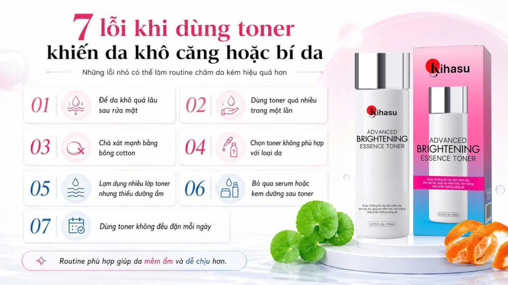 7 lỗi khi dùng toner khiến da vẫn khô căng hoặc bí da – Cách dùng toner KIHASU đúng