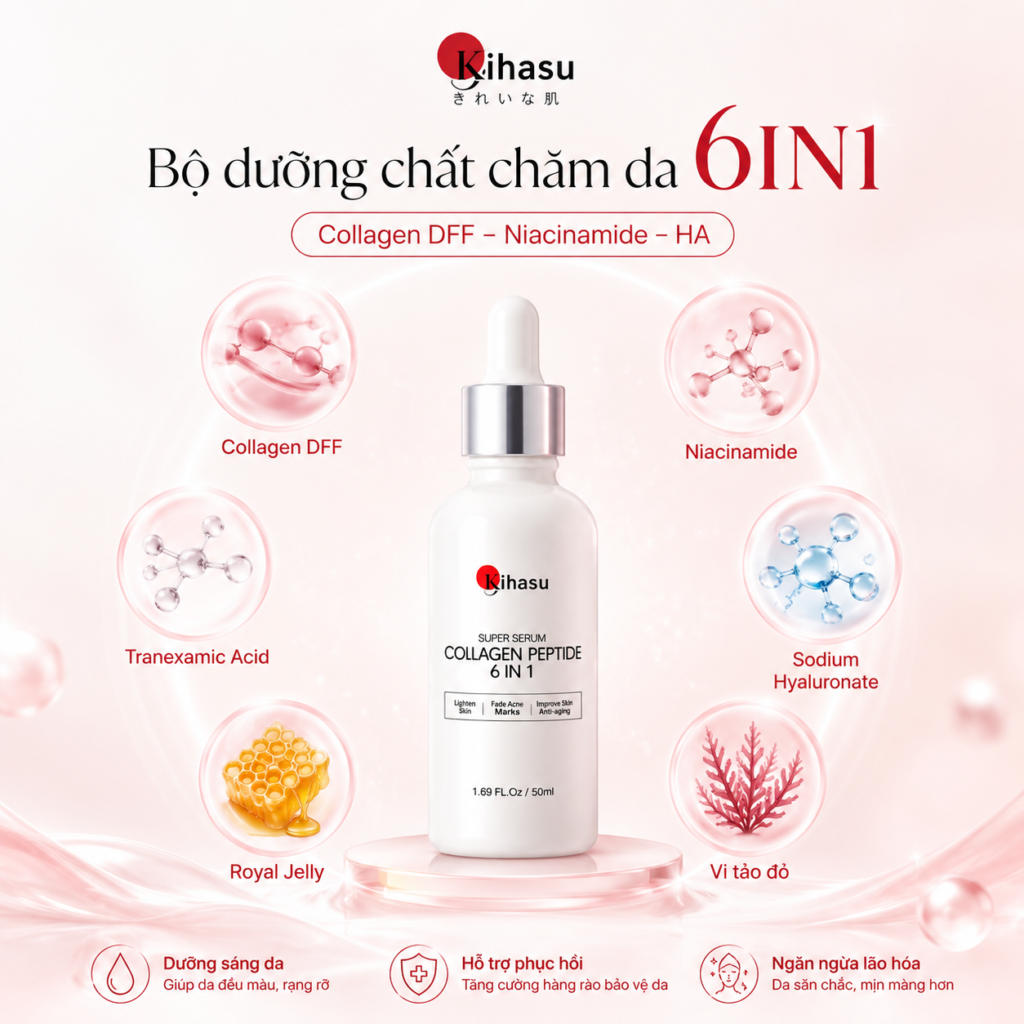 Thành phần Serum Collagen Peptide Kihasu 6in1 gồm Collagen DFF Niacinamide HA