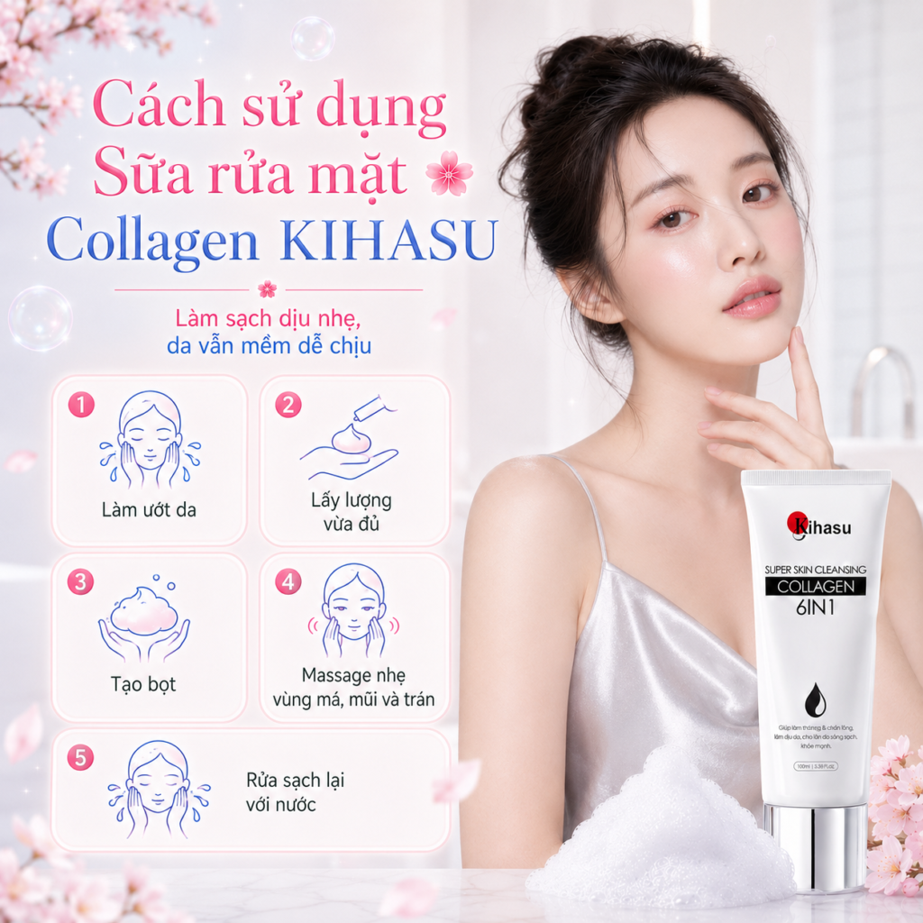 Cách sử dụng Sữa rửa mặt Collagen KIHASU