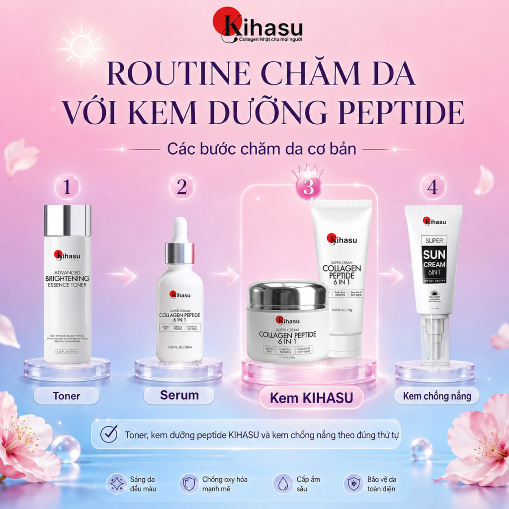 Routine sử dụng toner serum và kem dưỡng peptide KIHASU