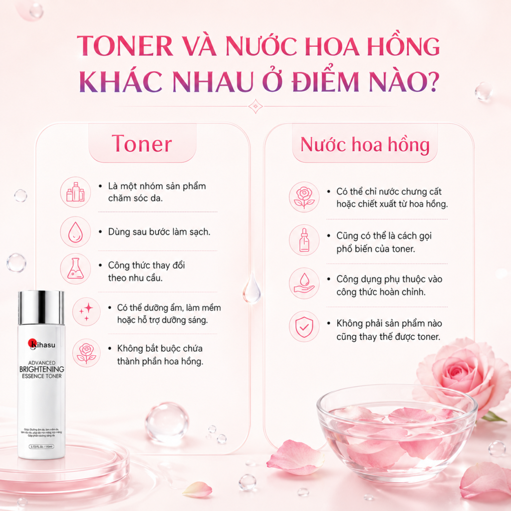 Bảng phân biệt toner và nước hoa hồng theo thành phần và công dụng Bảng phân biệt toner và nước hoa hồng theo thành phần và công dụng