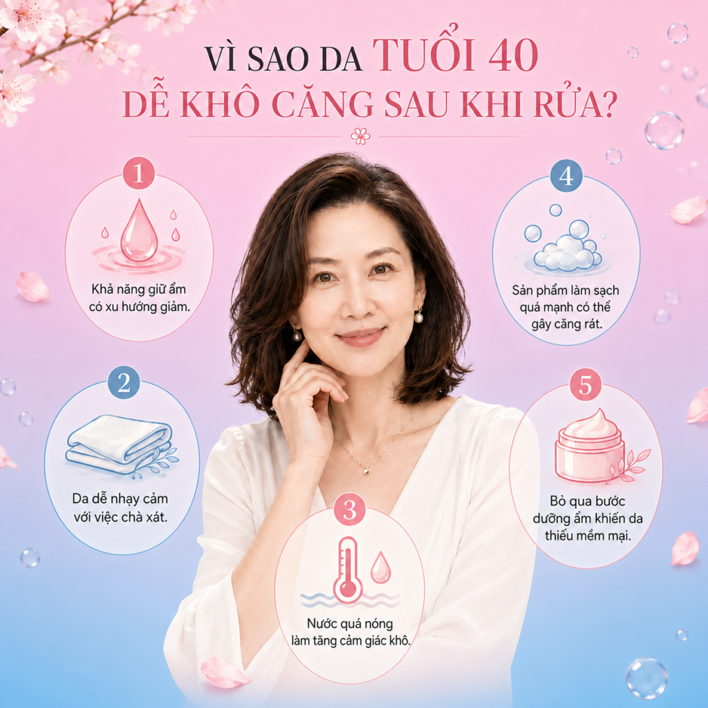 Vì sao da tuổi 40 dễ khô sau khi rửa? Vì sao da tuổi 40 dễ khô sau khi rửa?