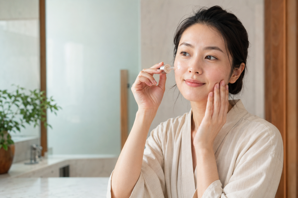 Phụ nữ sử dụng serum peptide của Nhật trong routine chăm sóc da