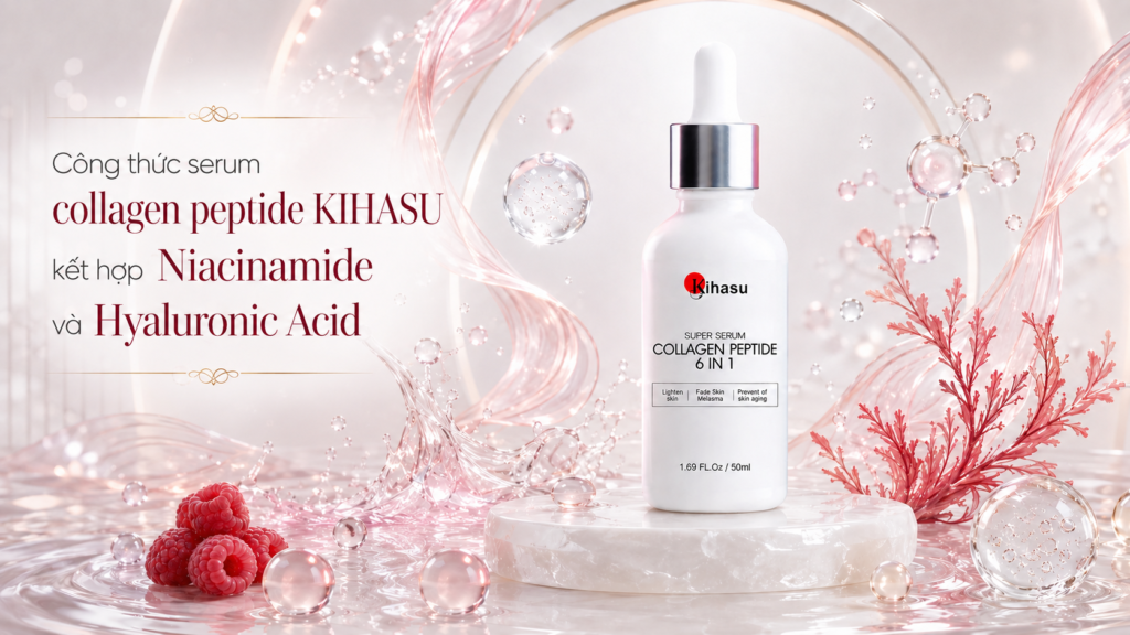 Công thức KIHASU phối hợp collagen peptide cùng các thành phần cấp ẩm và chăm sóc da.