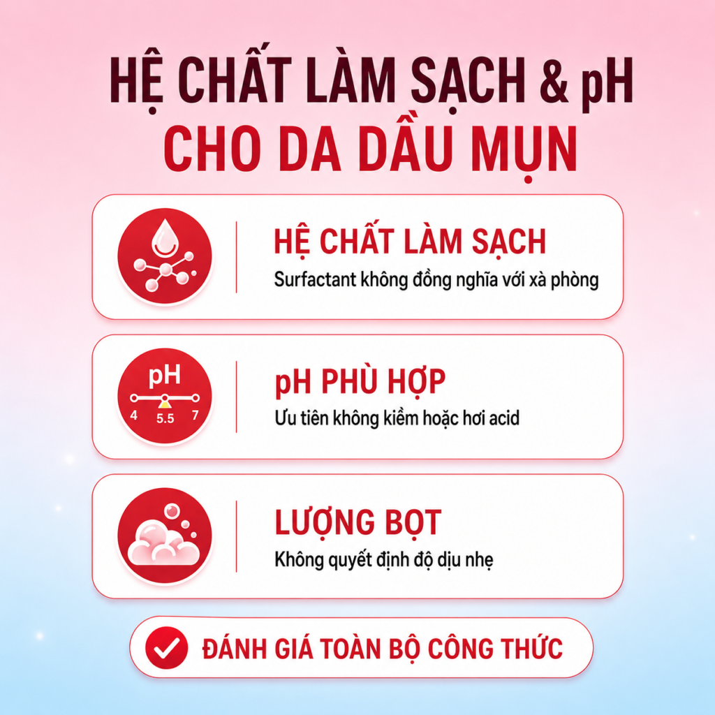 Hệ chất làm sạch và pH của sữa rửa mặt da dầu mụn