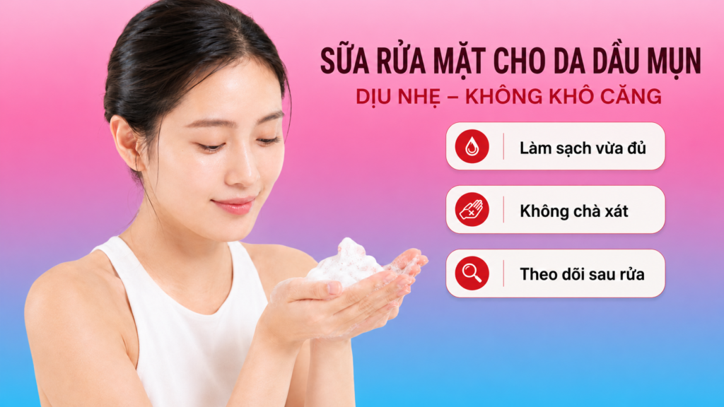 Tạo bọt trước, massage nhẹ 30–60 giây rồi rửa kỹ bằng nước ấm nhẹ.